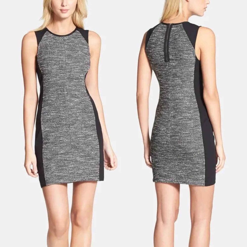 EILEEN FISHER Sleeveless Tweed Knit Dress XXS Black Gray Bodycon Stretch EUC B29